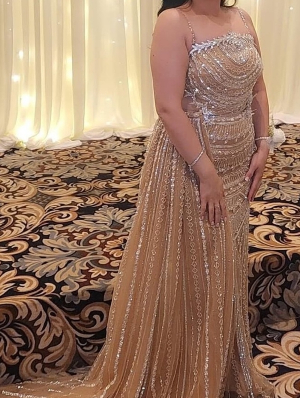 Embellished Gold Evening Gown with Beaded Detail
